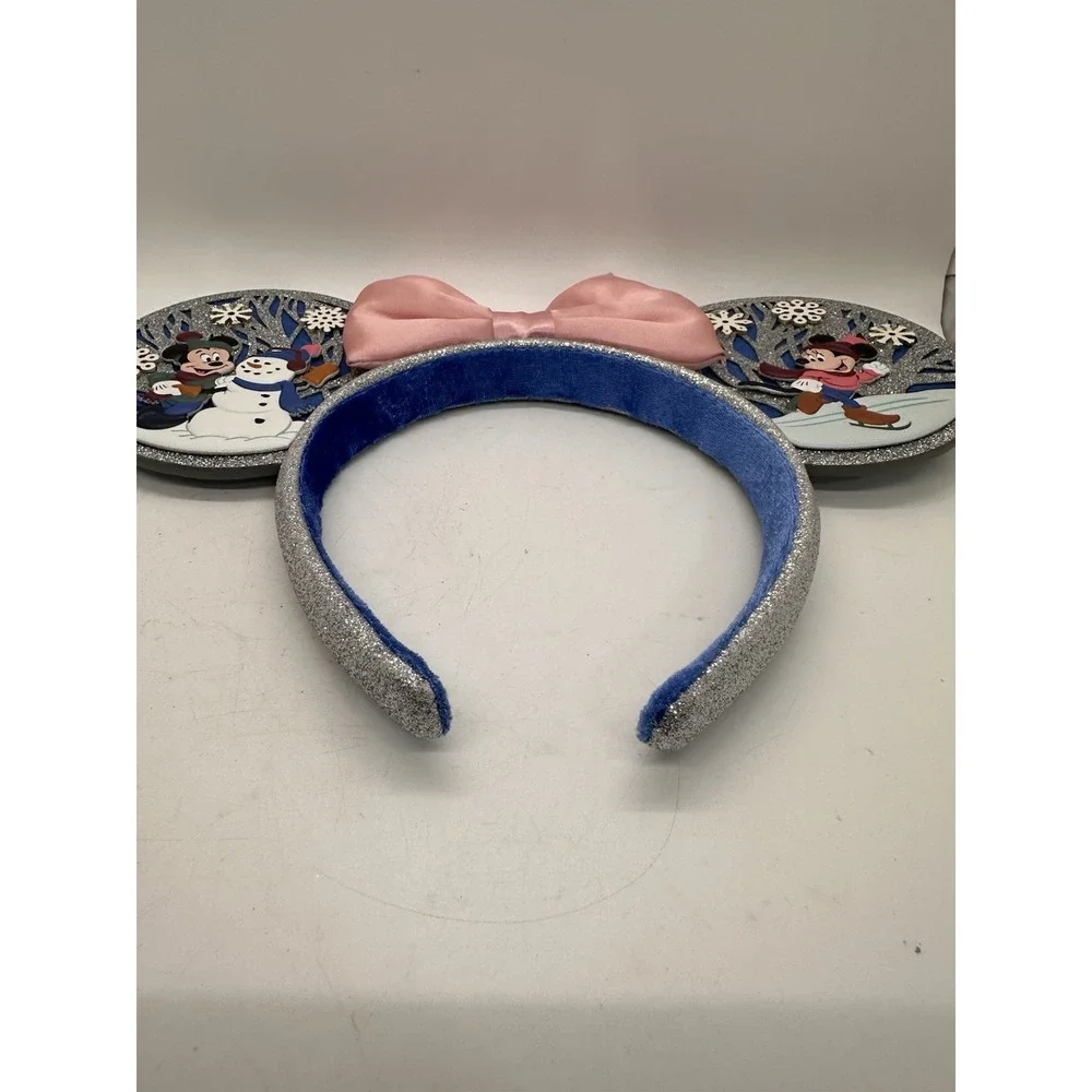 Disney Parks 2023 Christmas Mickey Minnie Snowman Glitter Ear Headband‎ Pink Bow